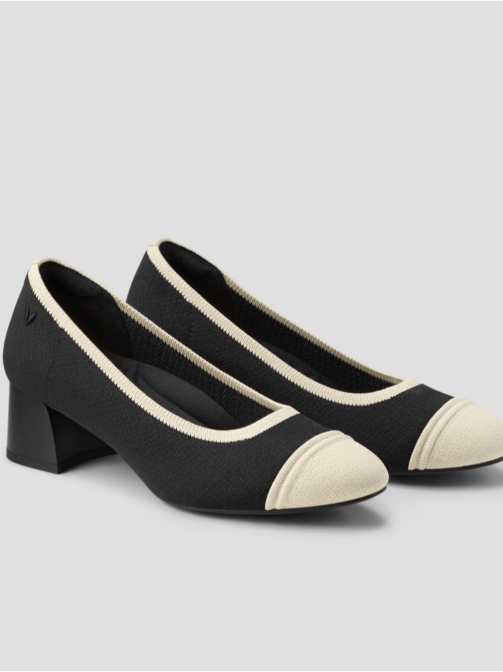 Vivaia Julie Black and Cream Two-Tone Low Block Heel Pumps